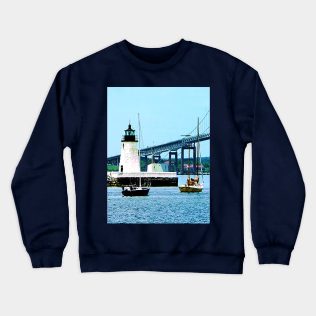 Newport RI -  Lighthouse Bridge and Boats Crewneck Sweatshirt by SusanSavad